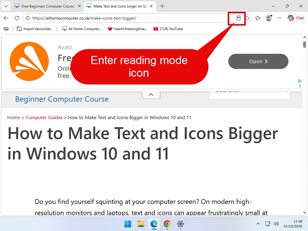 The Reading Mode icon, immersive reader in Edge.
