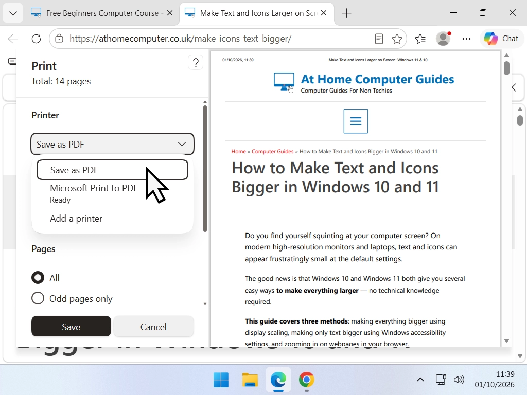 Microsoft Edge print window with the Printer set to Save as PDF.