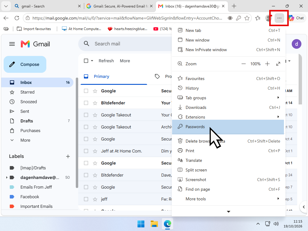 Microsoft Edge settings (3 dots) indicated and Passwords highlighted on the menu.
