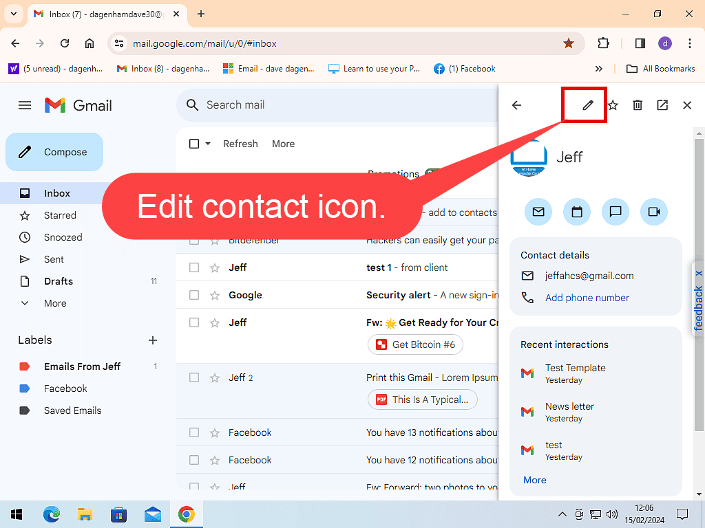 Pencil icon (edit contact) is indicated in Gmail.