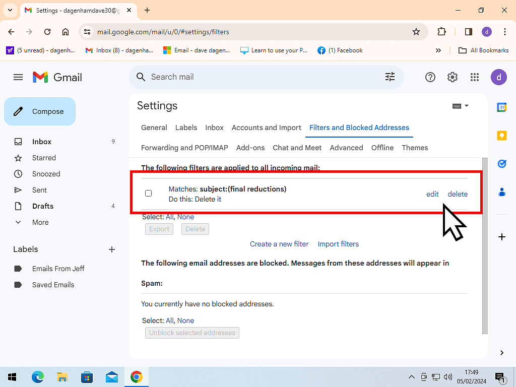 Changing a spam filter in Gmail.