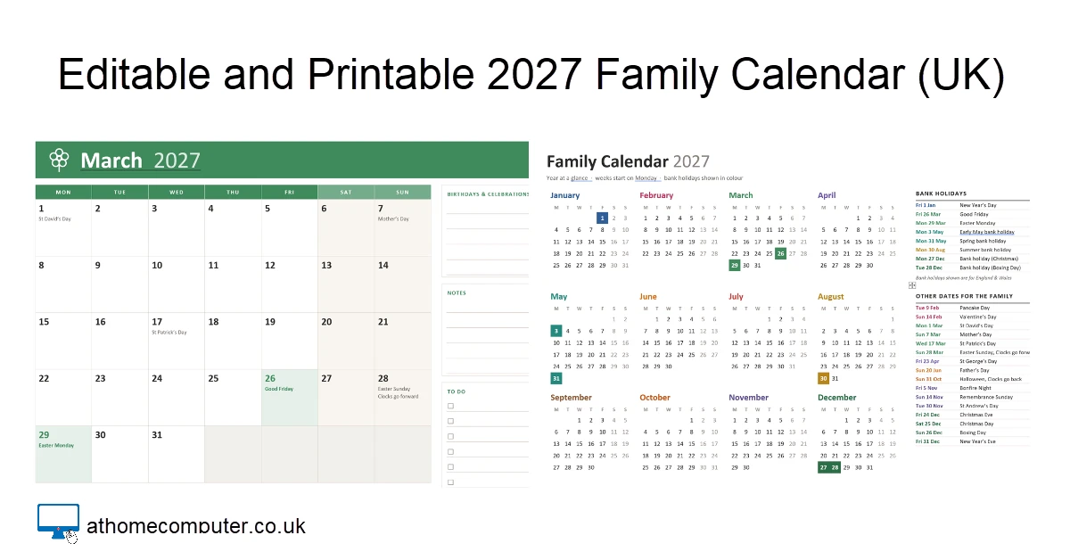 Free Editable Printable 2027 Calendar UK (Word, Excel, PPT)