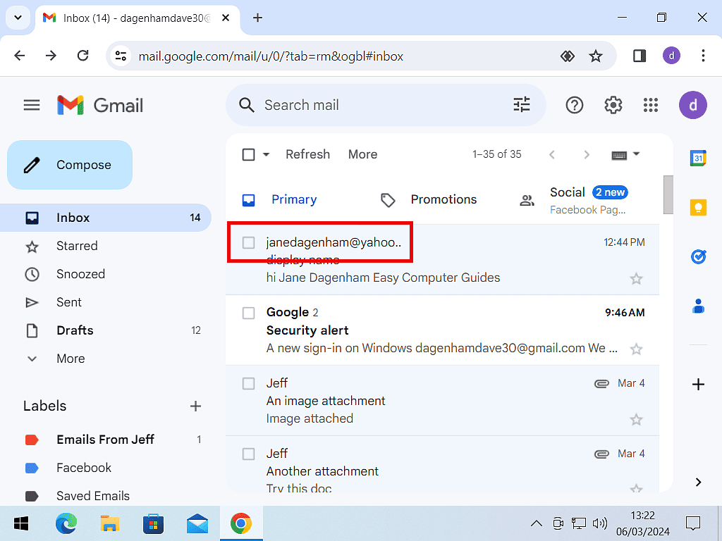 An email in an inbox showing a Yahoo email address instead of a name.