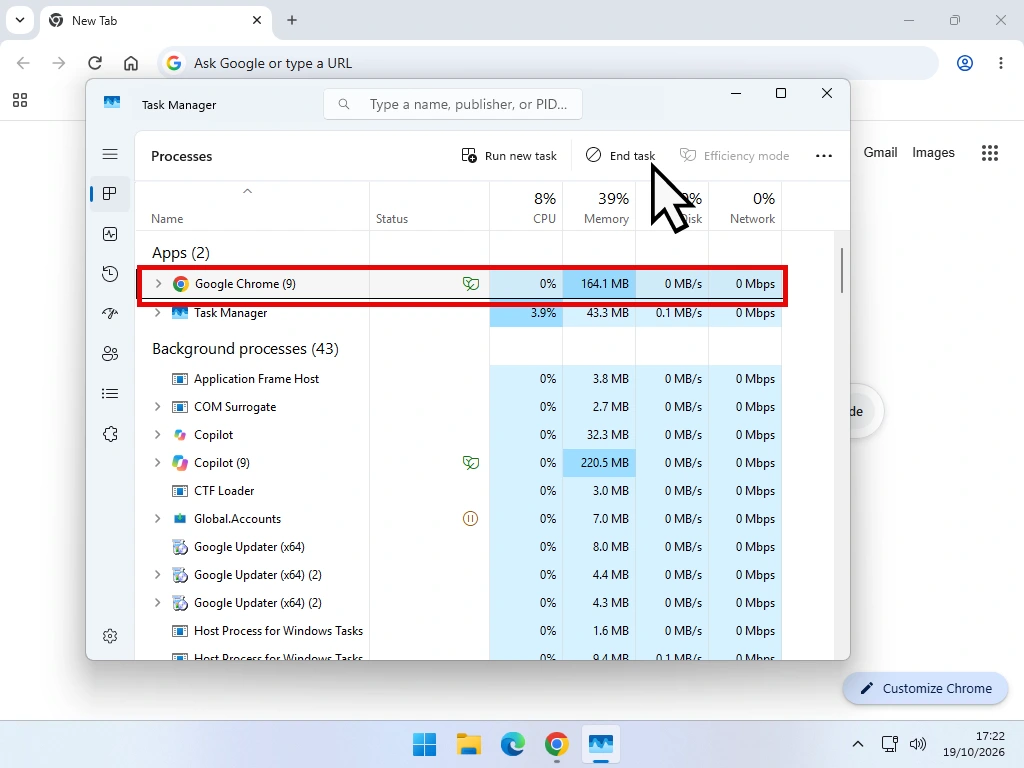 Windows 11 Task Manager with a program selected and the End task button visible