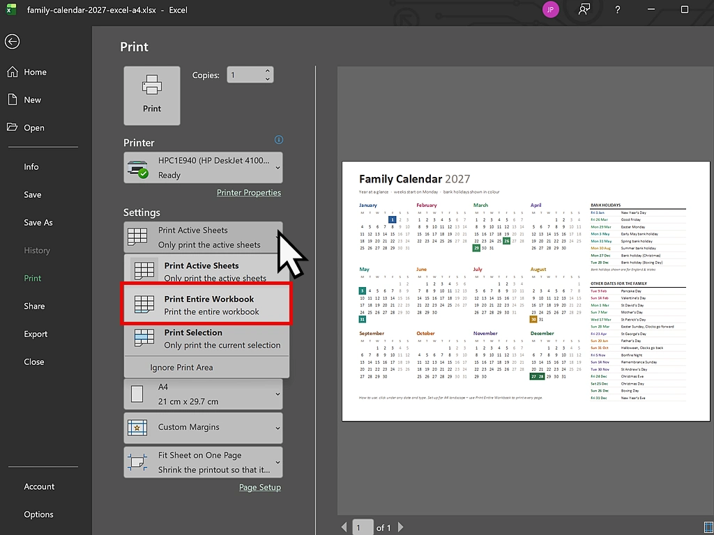 Print entire workbook in Excel