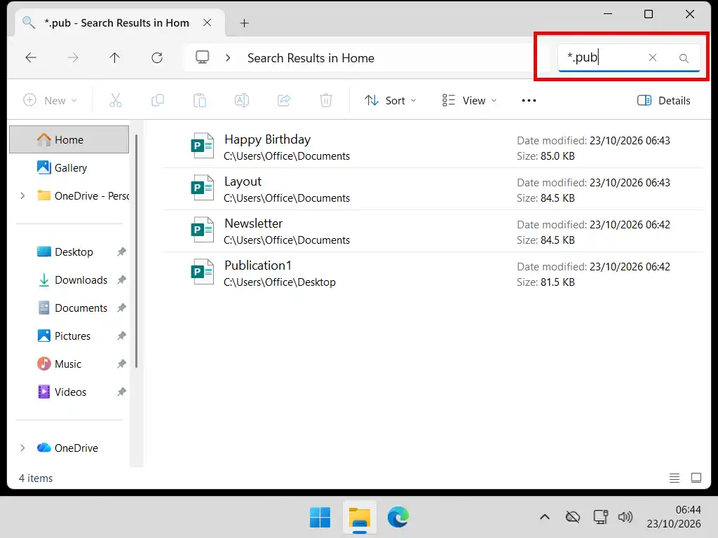 File Explorer search results listing Microsoft Publisher .pub files.