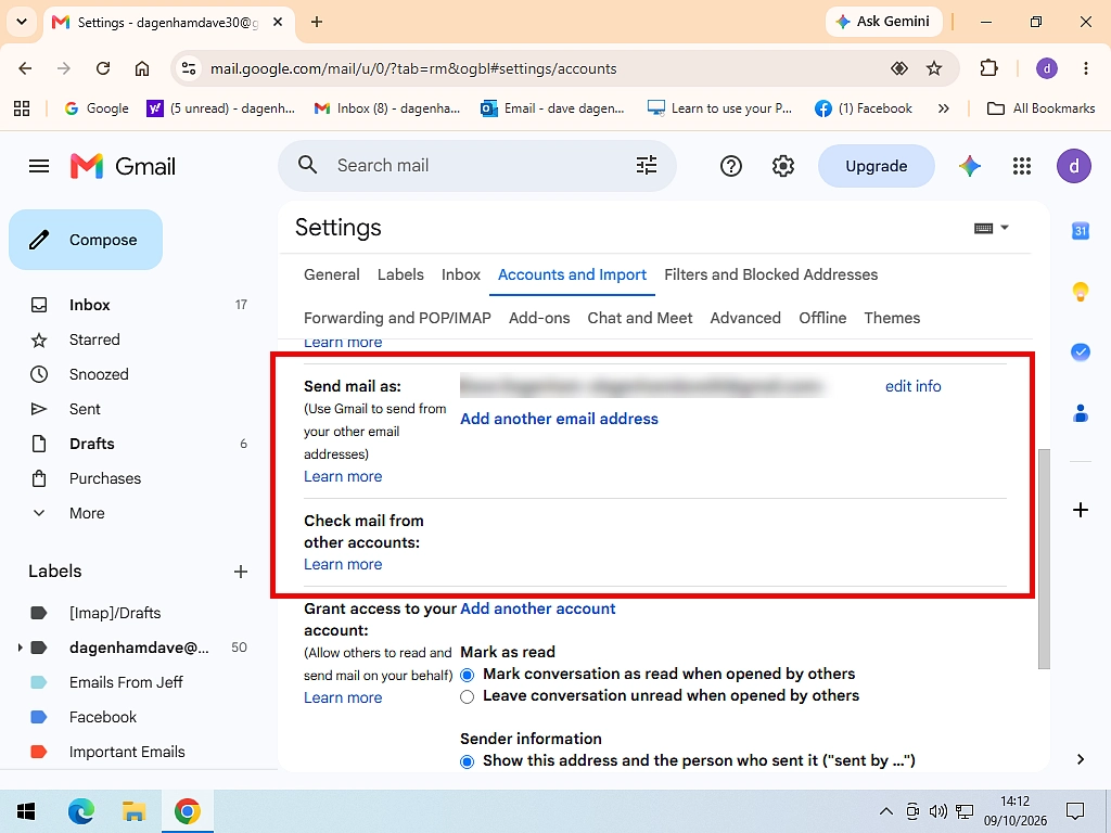 The Accounts and Import tab in Gmail settings, showing the Check email from other accounts and Send mail as sections.