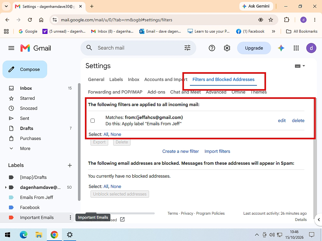 The Filters and blocked addresses tab in Gmail settings, showing a filter with Skip the inbox and the Edit and Delete links.