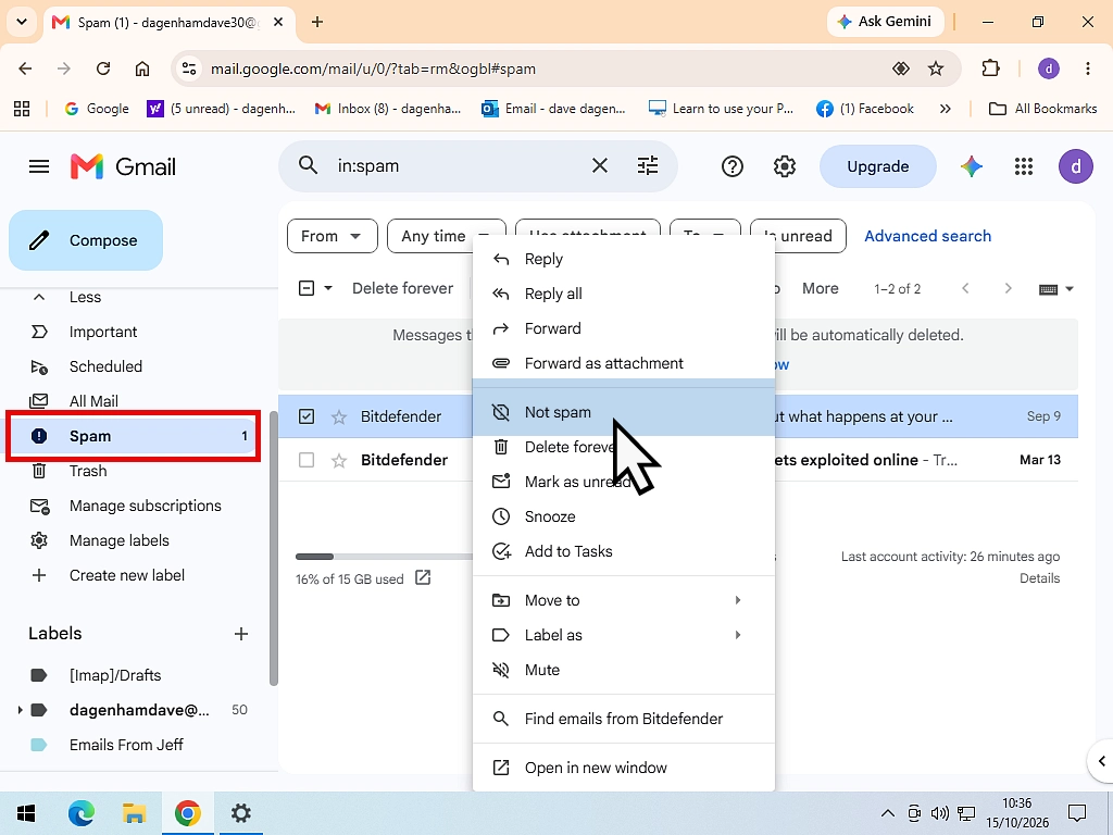 An email open in the Gmail Spam folder with the Not spam button highlighted.
