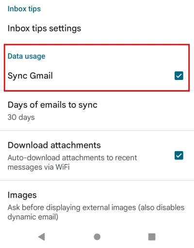 The Gmail app account settings on an Android phone with Sync Gmail ticked.