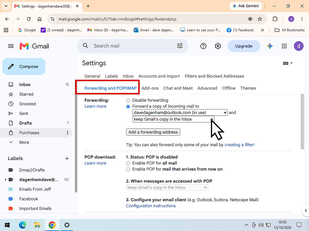 The Forwarding section in Gmail settings with Keep Gmail’s copy in the inbox selected.