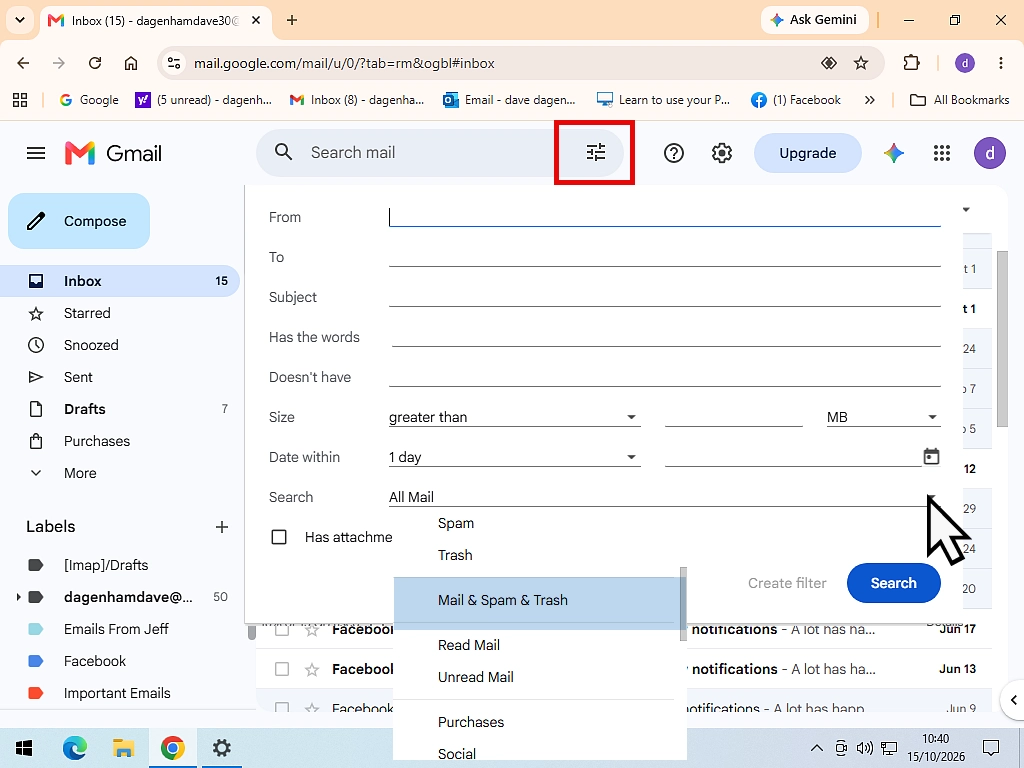 The Gmail search options panel with the drop-down set to Mail and spam and bin.