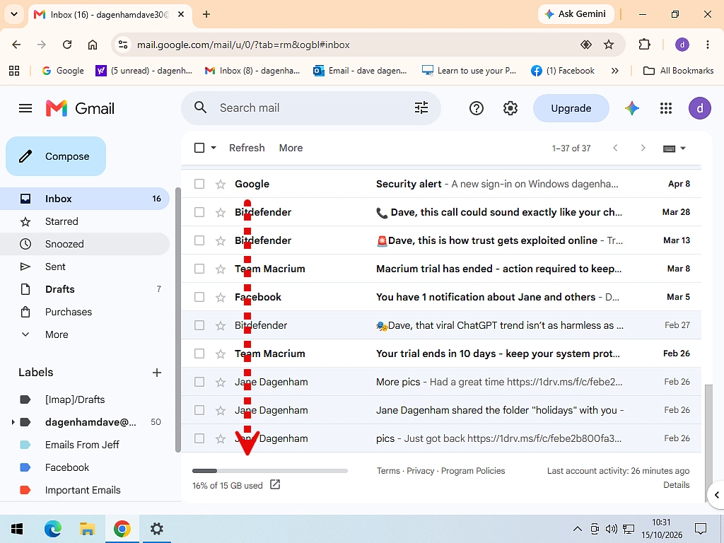 The storage used figure at the bottom of the Gmail inbox, showing how much of the 15GB is used.