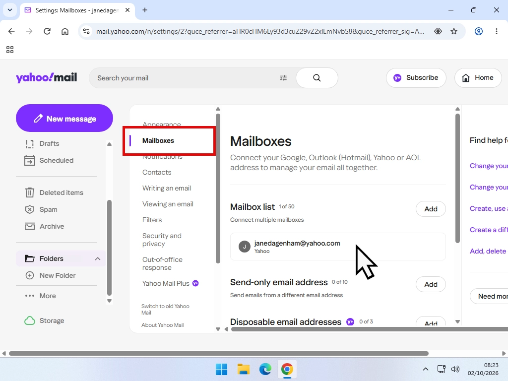 Mailboxes selected in Yahoo Mail settings, with the Yahoo account highlighted.