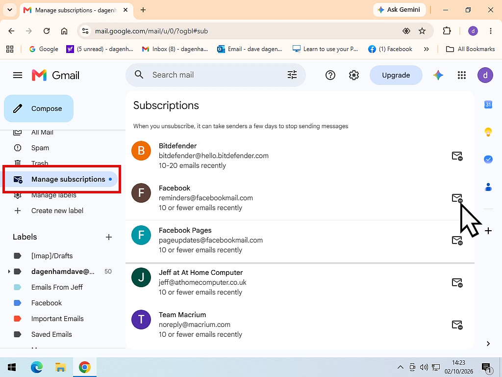 The Manage subscriptions page in Gmail. Unsubscribe is indicated against a sender.
