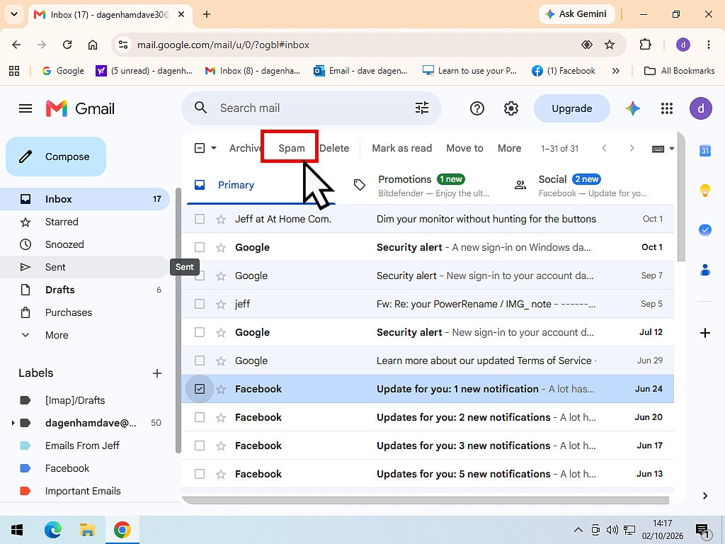 An email ticked in the inbox, with the Report spam icon at the top highlighted