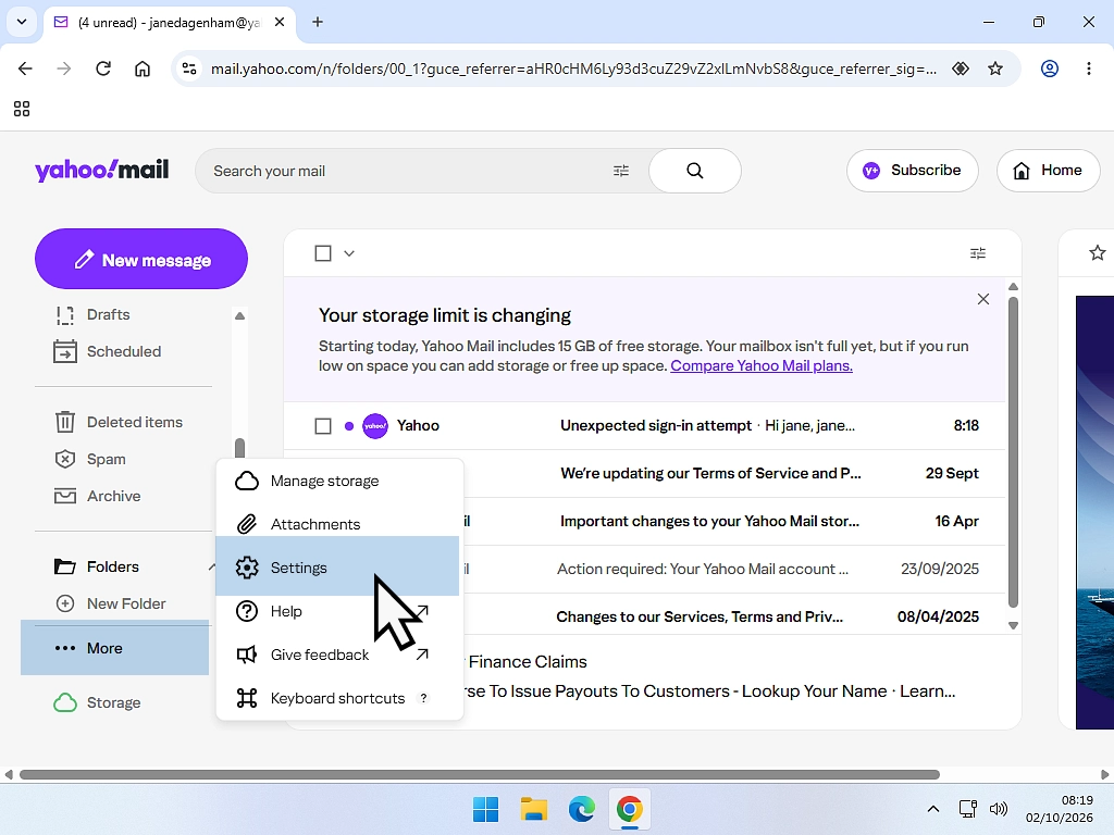 The More options icon and Settings highlighted in Yahoo Mail.