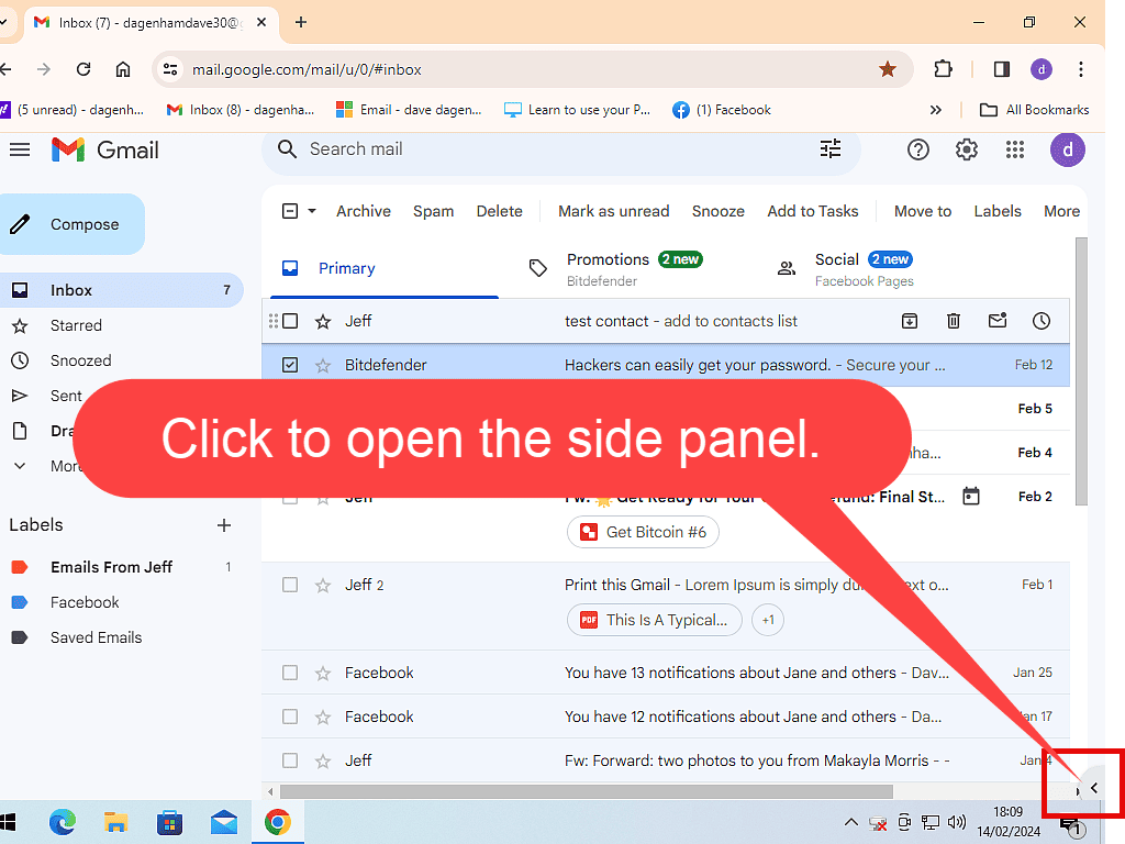 How to open the side panel in Gmail when the contacts icon isn't visible.