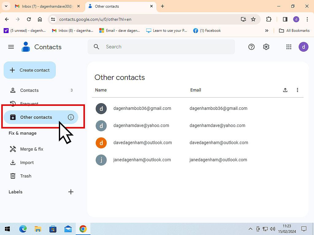 Opening the Other Contacts list.