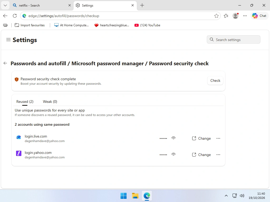 The Password security check page in Edge listing leaked, reused and weak passwords