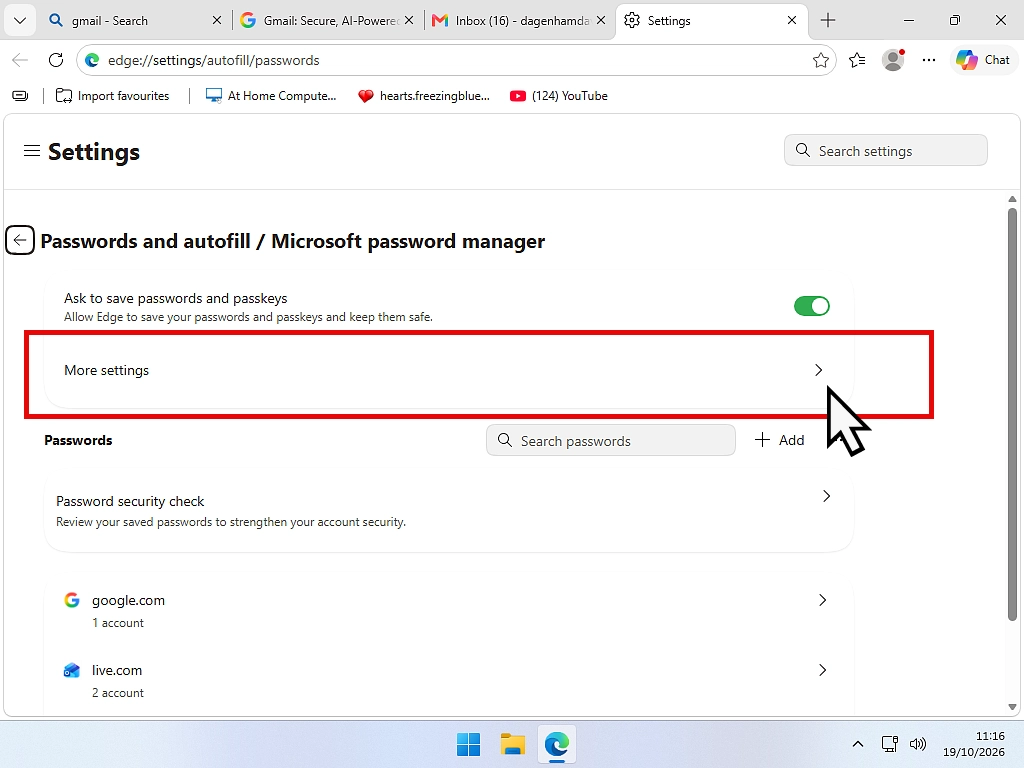 The Passwords and autofill / Microsoft password manager page with More settings indicated.