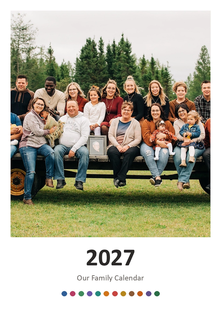 Photo calendar cover page with a large photo and the family name above the year 2027
