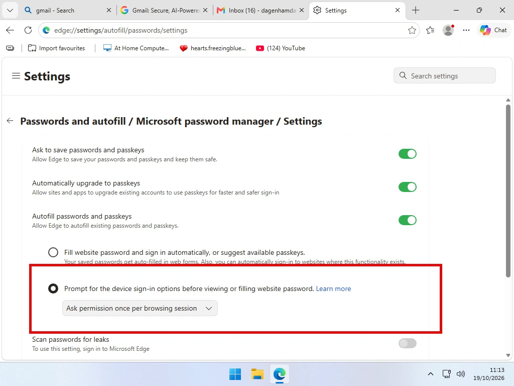Prompt for the device sign-in options before viewing or filling website password is selected in Microsoft Edge settings.