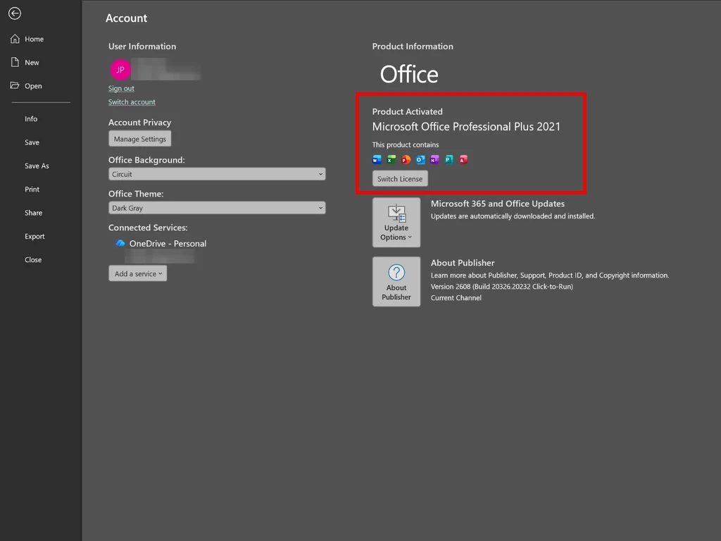 The Account page in Microsoft Publisher showing Microsoft Office Professional Plus 2021 under Product Information