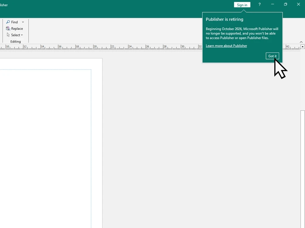 The Publisher is retiring message in the top right corner of Microsoft Publisher