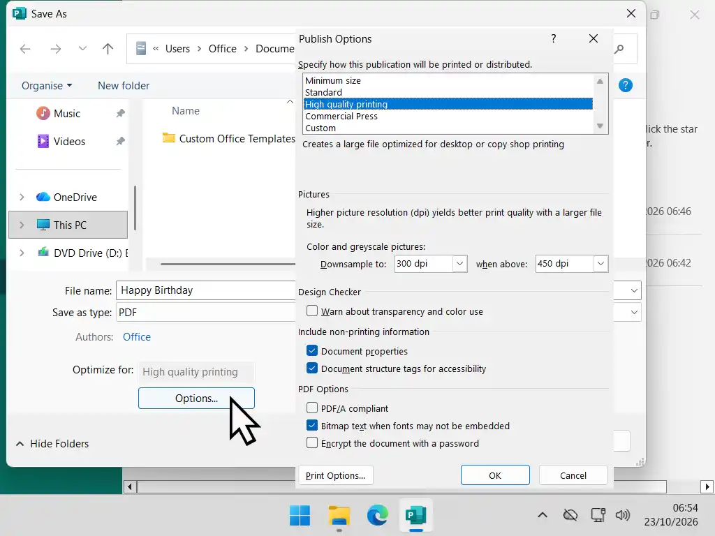 Publisher’s Publish Options box showing Minimum Size, Standard, High Quality Printing and Commercial Press