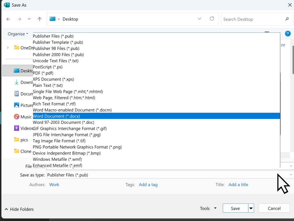 The Save as type list in Microsoft Publisher with the Word document option chosen