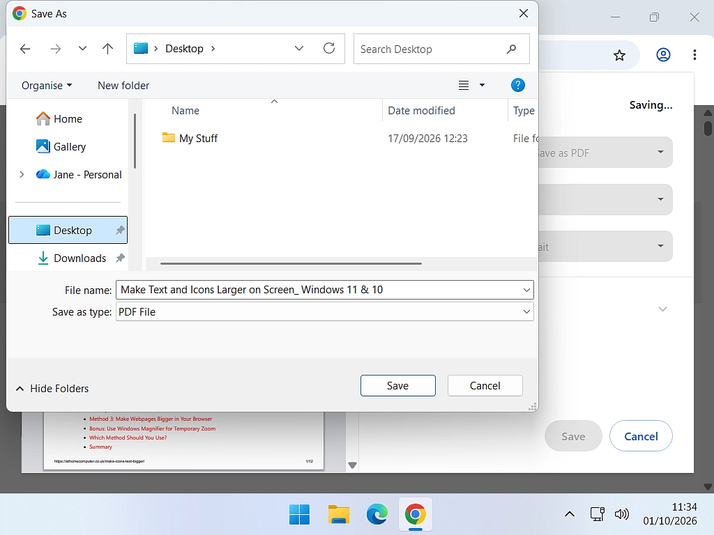 Save As window saving a web page as a PDF file.