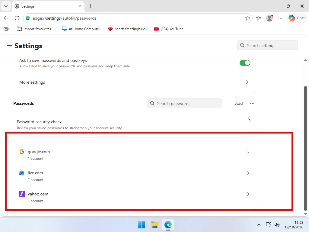 The Microsoft Password Manager page in Edge settings showing a list of saved website passwords