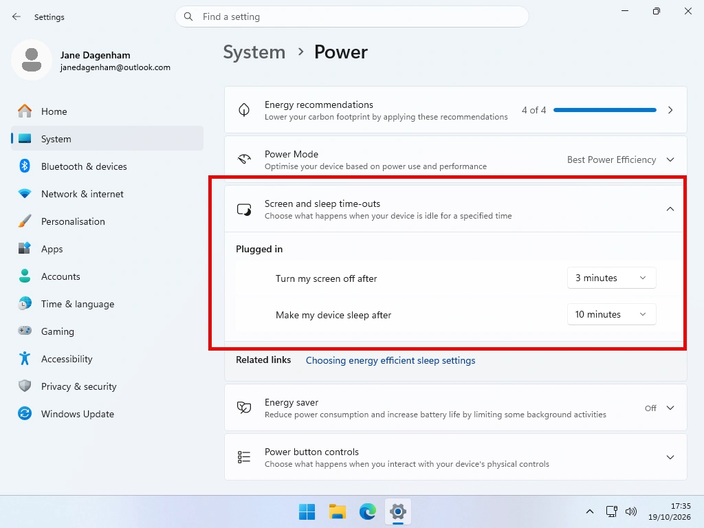 Windows 11 Settings showing the screen and sleep timeout drop down menus