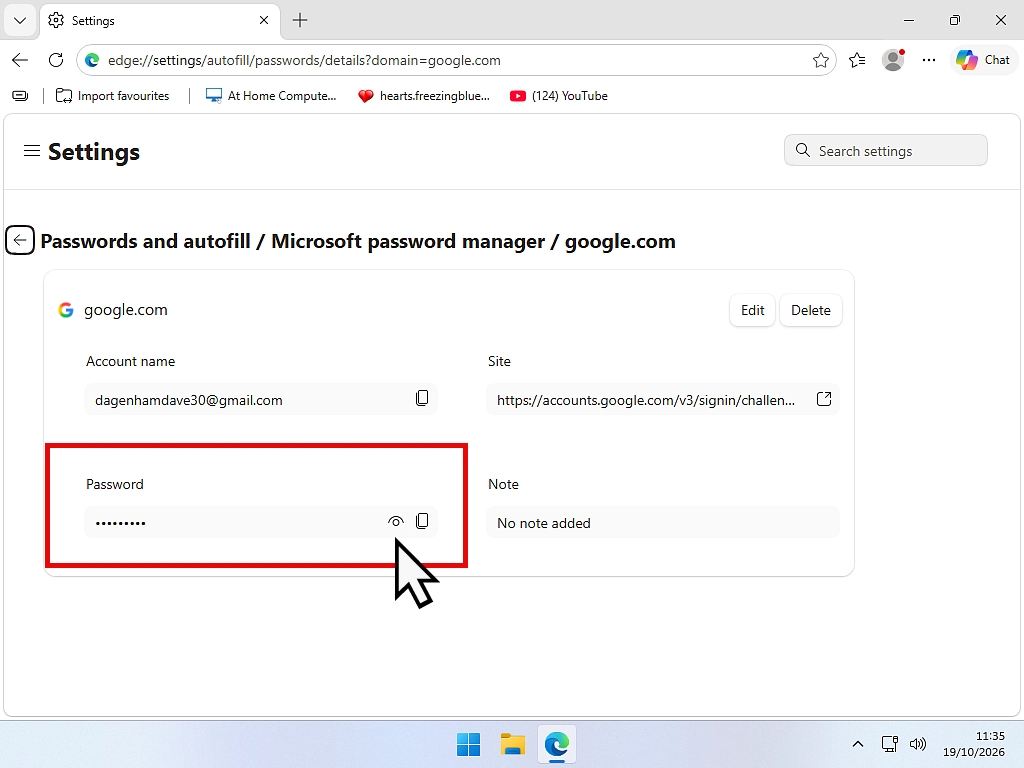 A saved password entry open in Edge with the eye icon highlighted