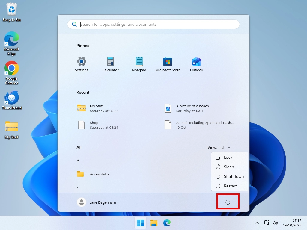 Windows 11 Start menu open and Power button highlighted. Lock, Sleep, Shut down and Restart are visible on the power menu.
