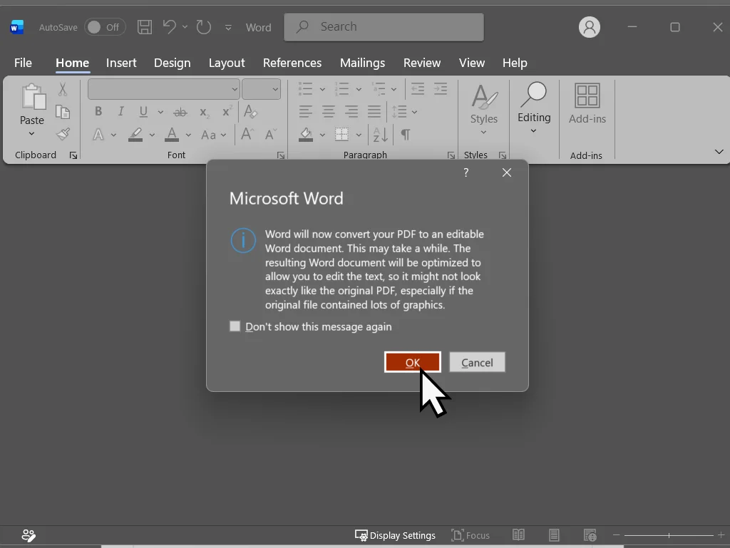 Microsoft Word message saying it will convert the PDF to an editable Word document