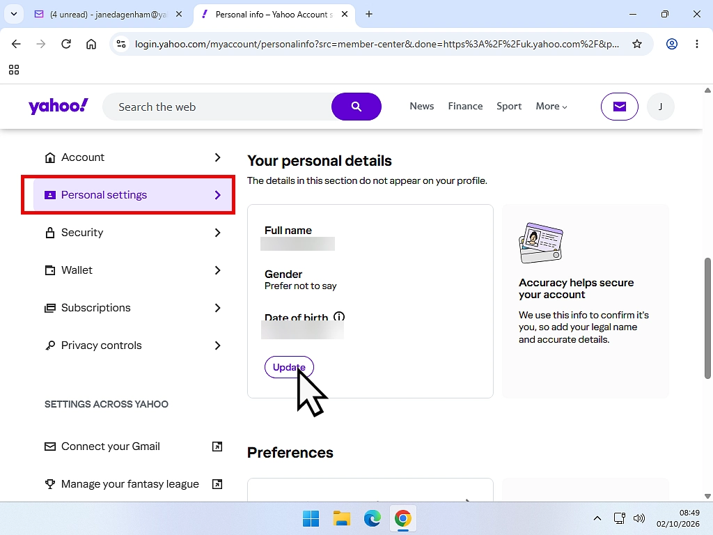 The Personal info page of a Yahoo account with the Update option highlighted.
