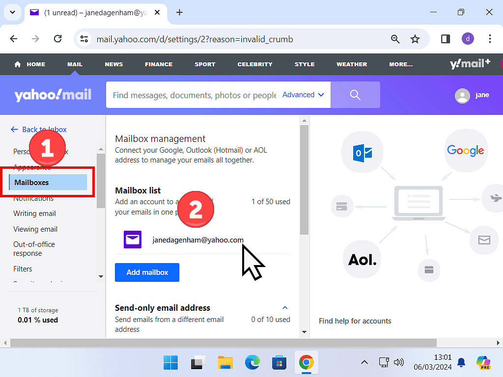 Mailboxes selected in the older version of Yahoo Mail with the account highlighted.