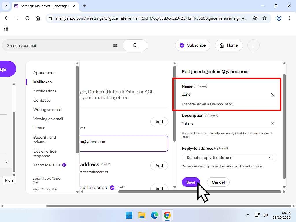 The Your name box in Yahoo Mail settings with a new name typed in and the Save button highlighted