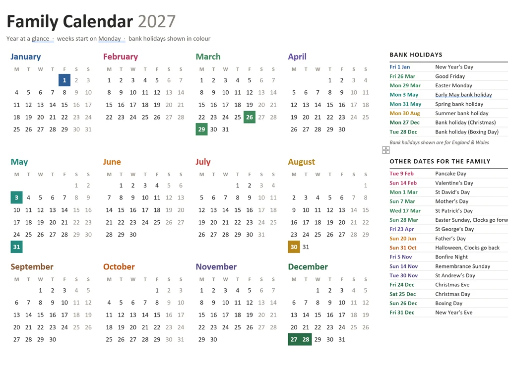 2027 year at a glance page with all 12 months, UK bank holidays and other family dates listed